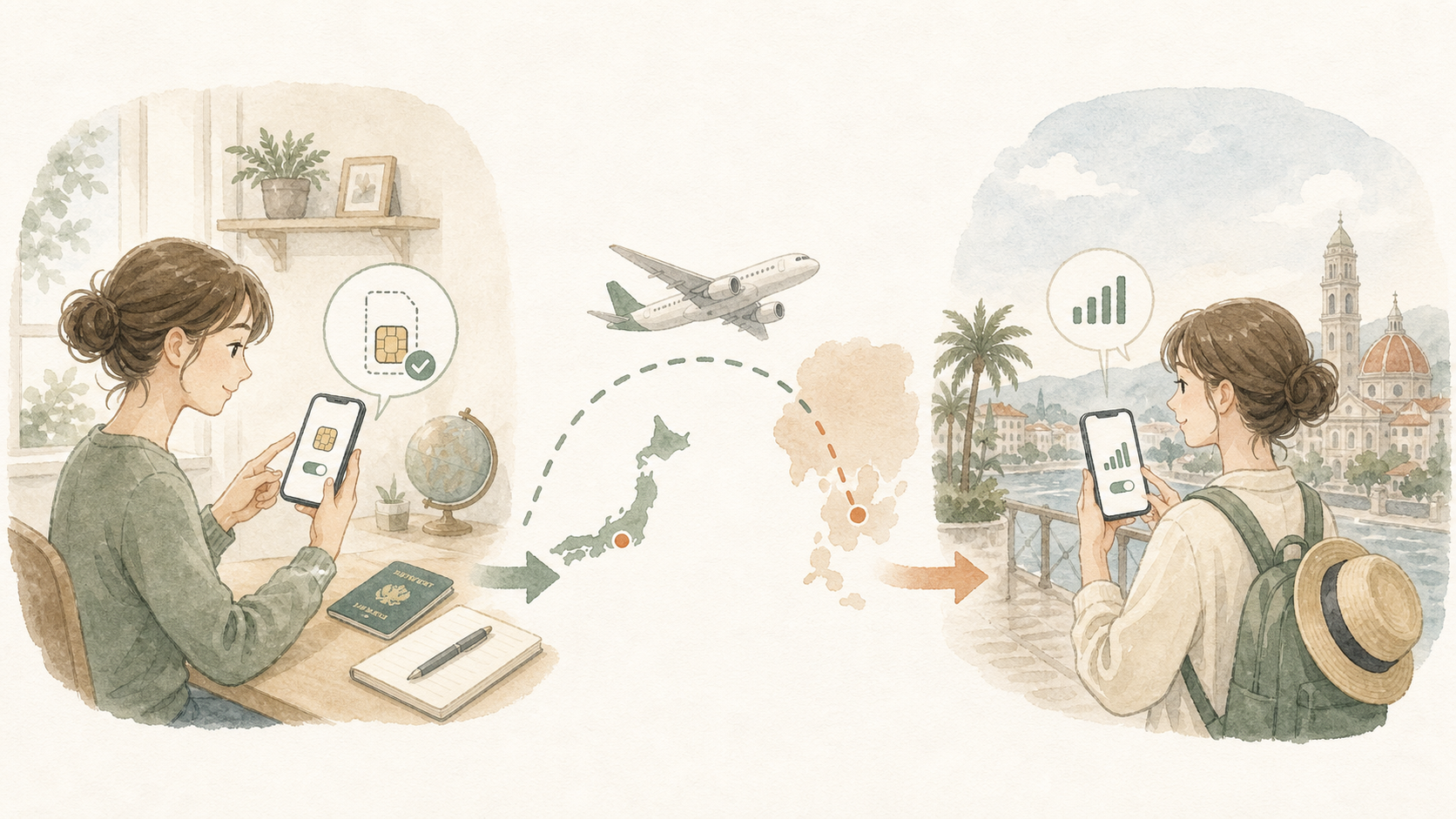日本でeSIMを準備し、海外到着後にスマホ通信を切り替える流れを表すイラスト