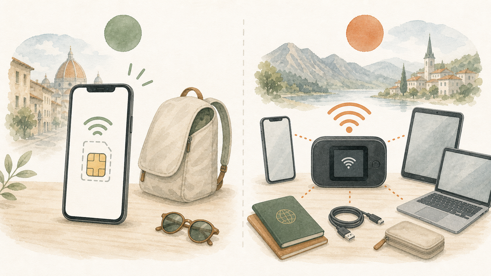 スマホのeSIMとポケットWi-Fi端末を左右に並べ、使い方の違いを比べるイラスト