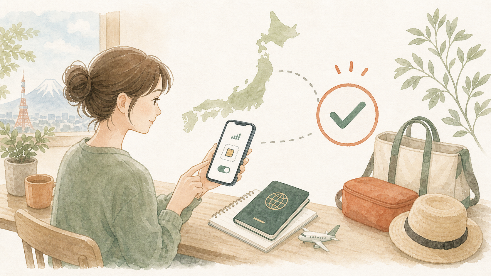 出発前の自宅でスマホとパスポートを並べ、海外旅行用eSIMを事前設定するイラスト