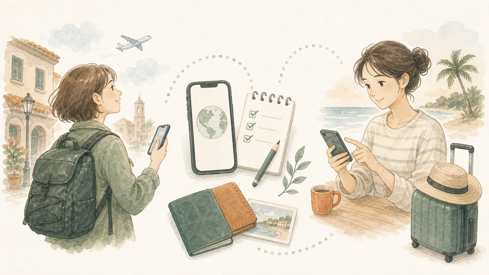 一人旅や短期旅行の準備をする人がスマホでeSIMを確認しているイラスト
