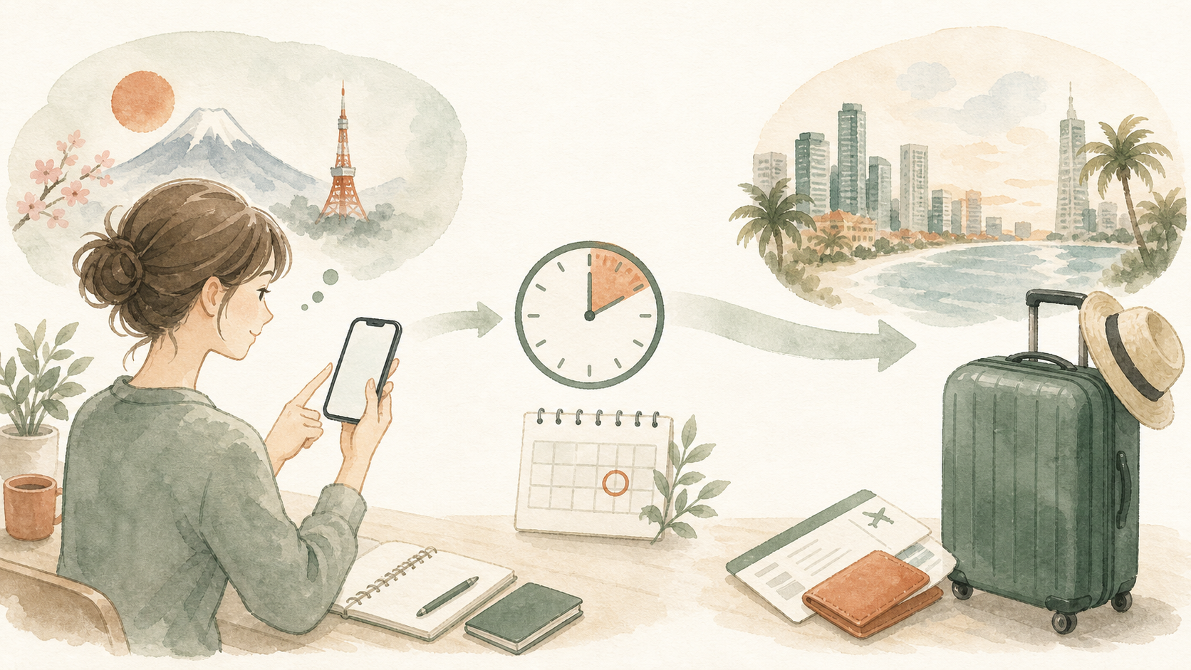 スマホと時計、搭乗券を見ながら海外旅行用eSIMの切り替えタイミングを確認するイラスト