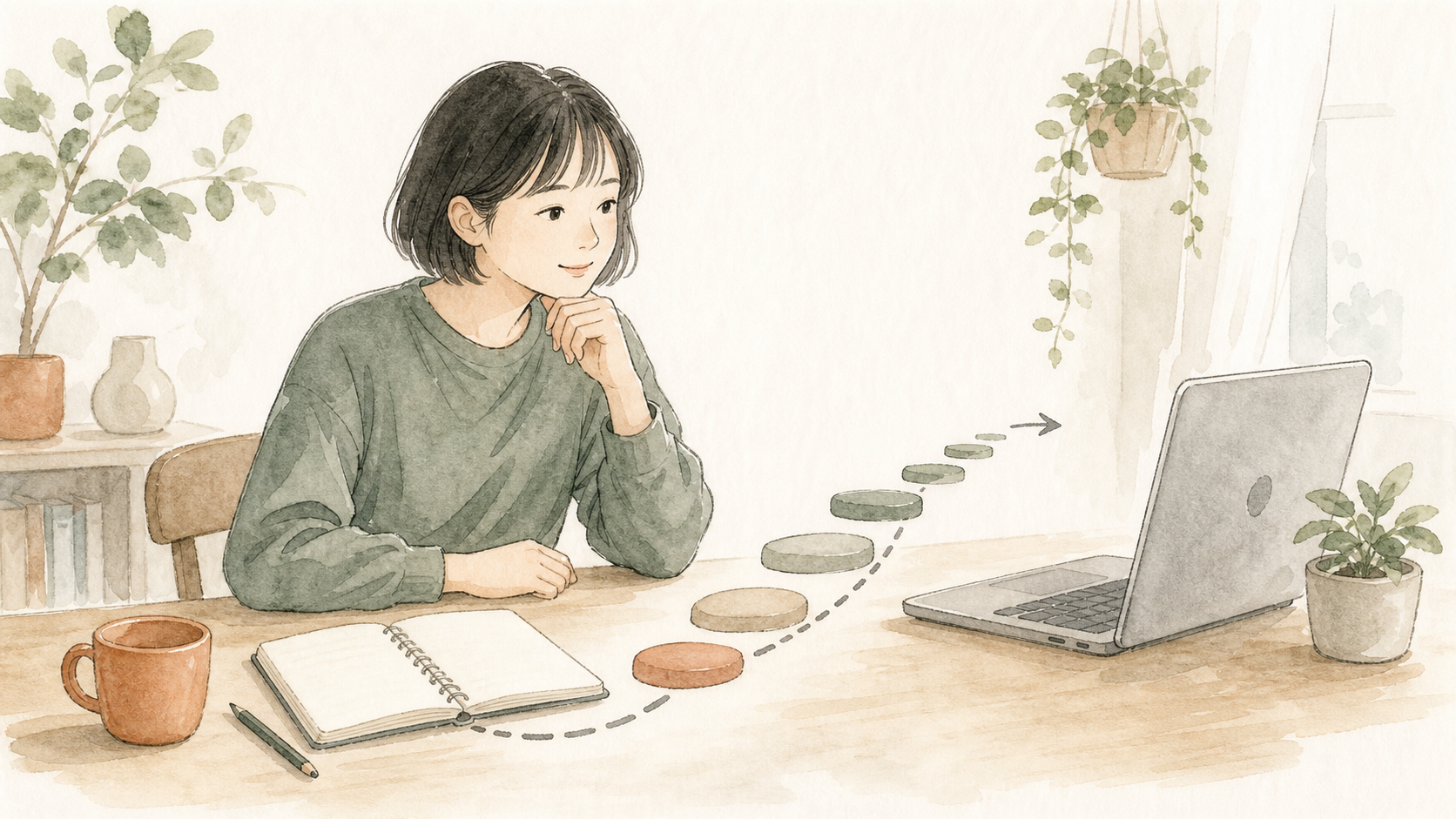 ブログ初心者が机の上のノートとパソコンを前に、無料ブログから始める一歩を考えているイラスト