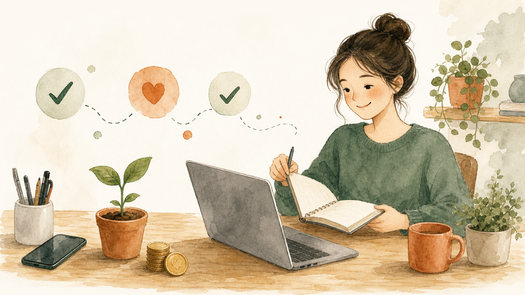 ノートやパソコン、チェックマークと小さな芽で無料ブログ収益化の始めやすさを表すイラスト