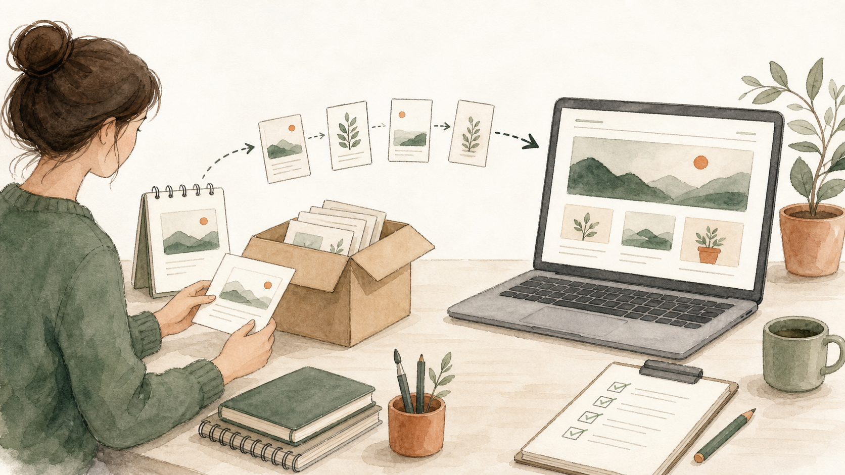 小さなブログ記事カードをパソコンへ移し、無料ブログからWordPressへ移行するイラスト