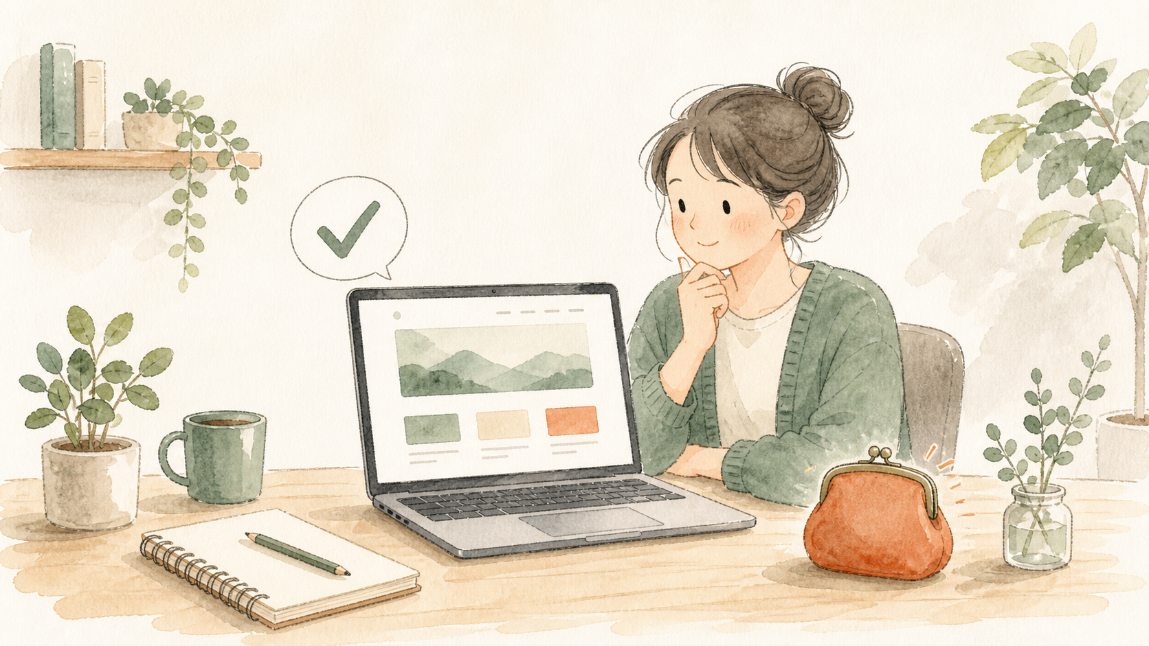 初心者がシンプルなブログ画面とチェックマークを見ながら、無料テーマで始めるか考えているイラスト