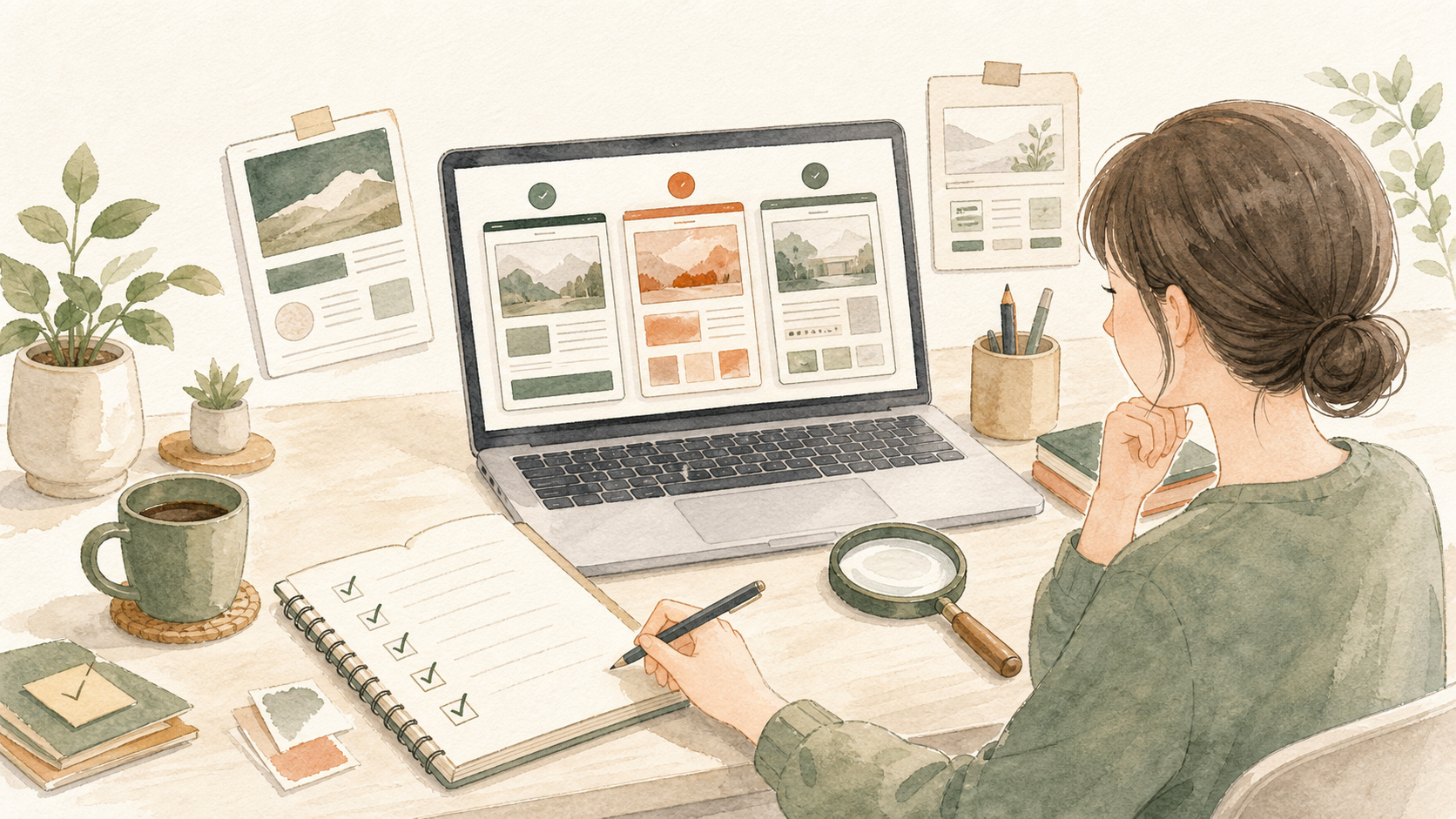 ノートのチェックリストと複数のテーマカードを見比べ、WordPressテーマの選び方を確認するイラスト