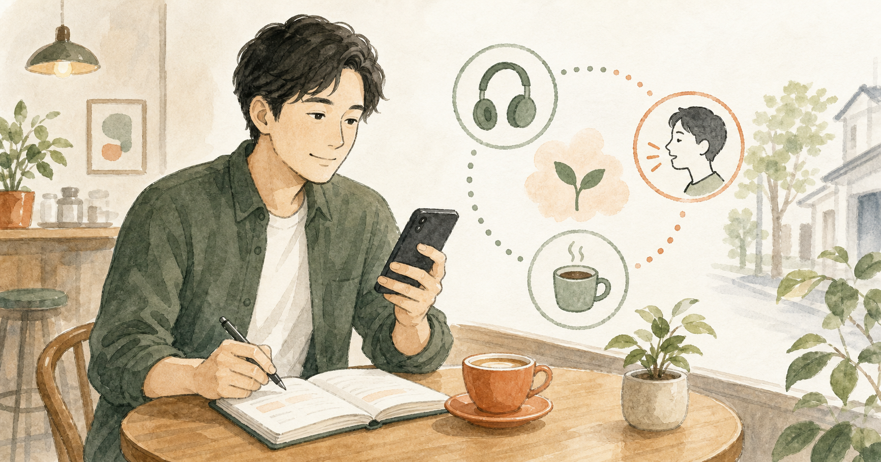 カフェで英語ノートやスマホを使い、生活の中に英語学習を残しているイラスト