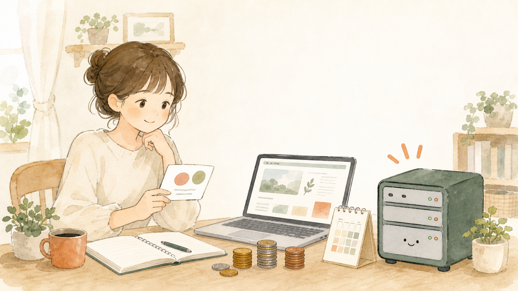 小さな予算カードとノートを見ながら、費用を抑えてブログを始める人のイラスト