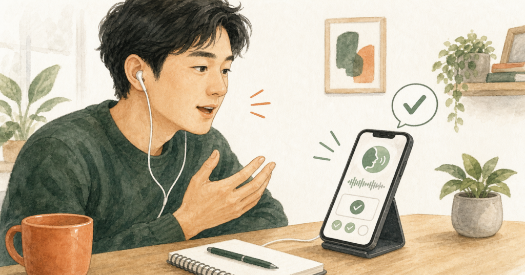 スマホの英語アプリに向かって発音やスピーキングを練習しているイラスト