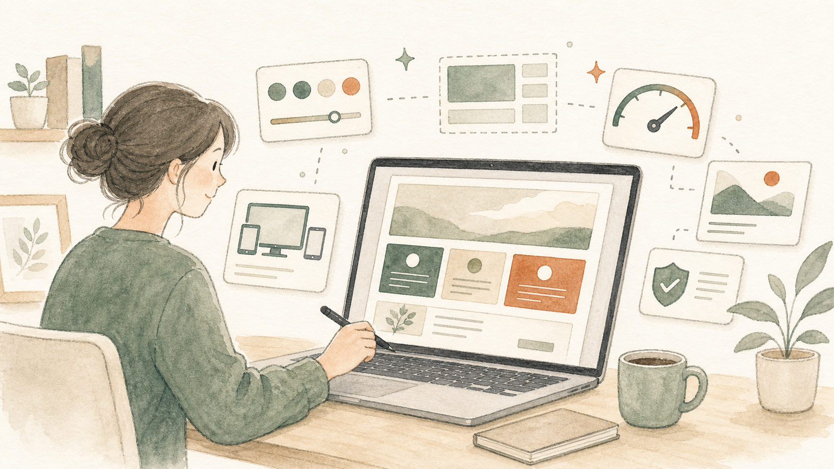 整ったブログ画面や機能カードを見ながら、有料WordPressテーマでできることを確認するイラスト