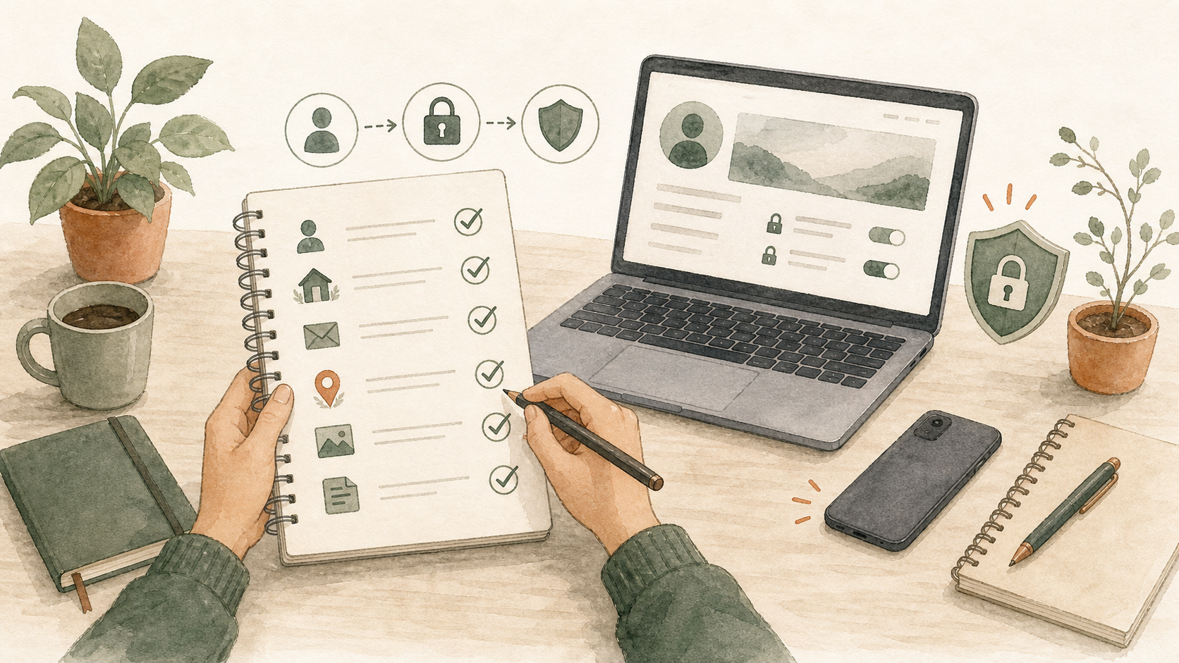 プロフィールや投稿内容をチェックし、ブログの身バレ対策を確認しているイラスト