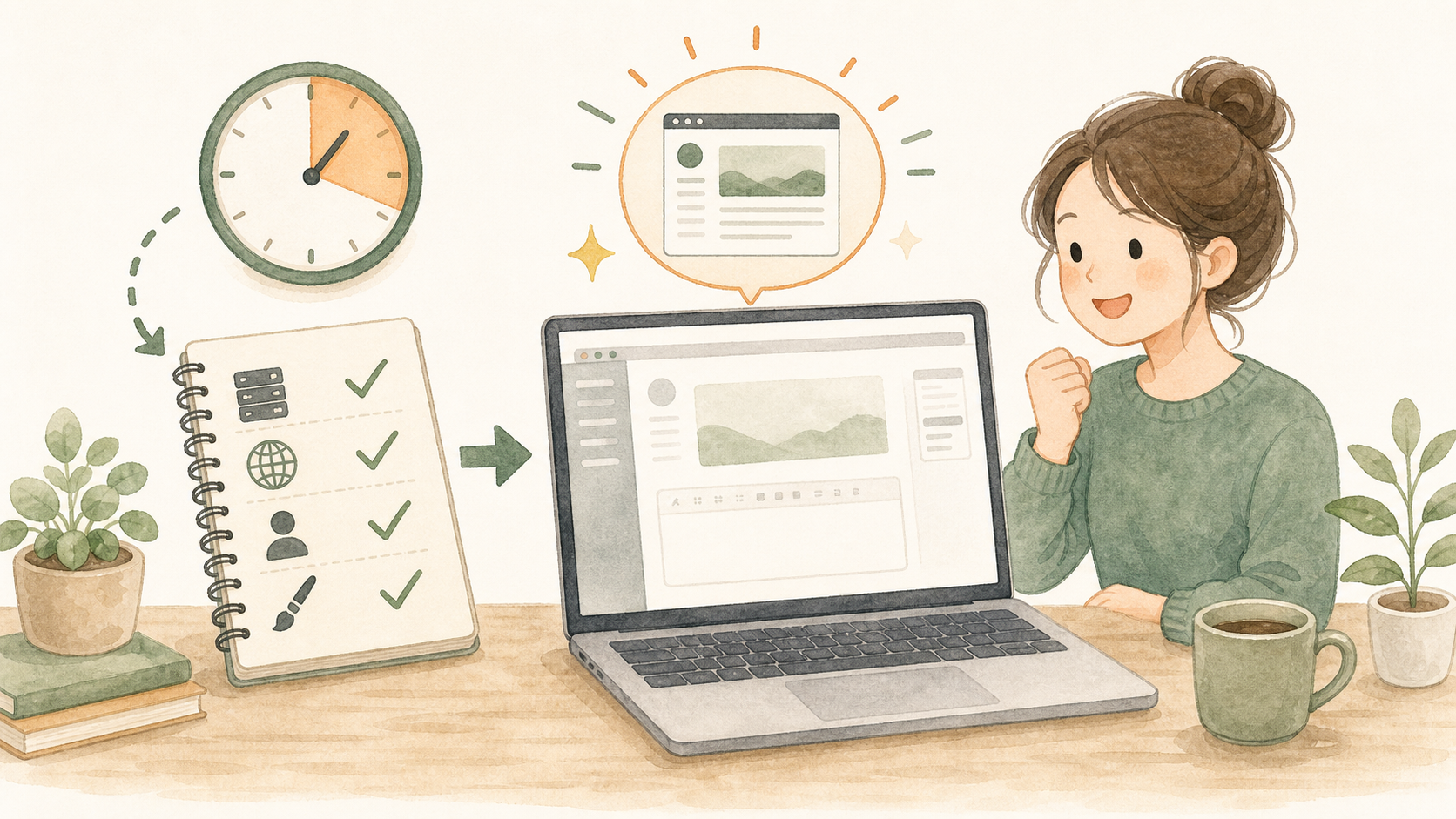 チェックリストと時計を見ながら、短時間でWordPressブログの投稿準備が整うイラスト