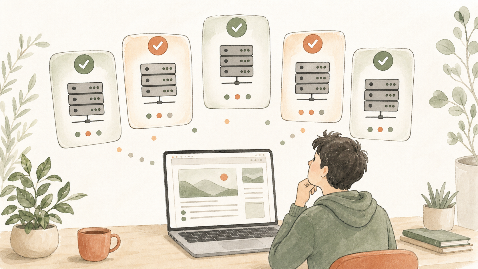 5つのサーバーカードをパソコン周りに並べ、初心者が選びやすい候補を比較するイラスト