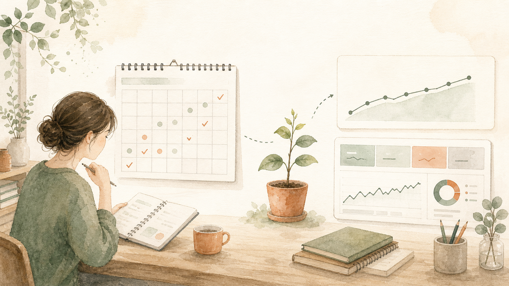 カレンダーと育つ植物を見ながら、SEOの結果を焦らず少しずつ改善しているイラスト
