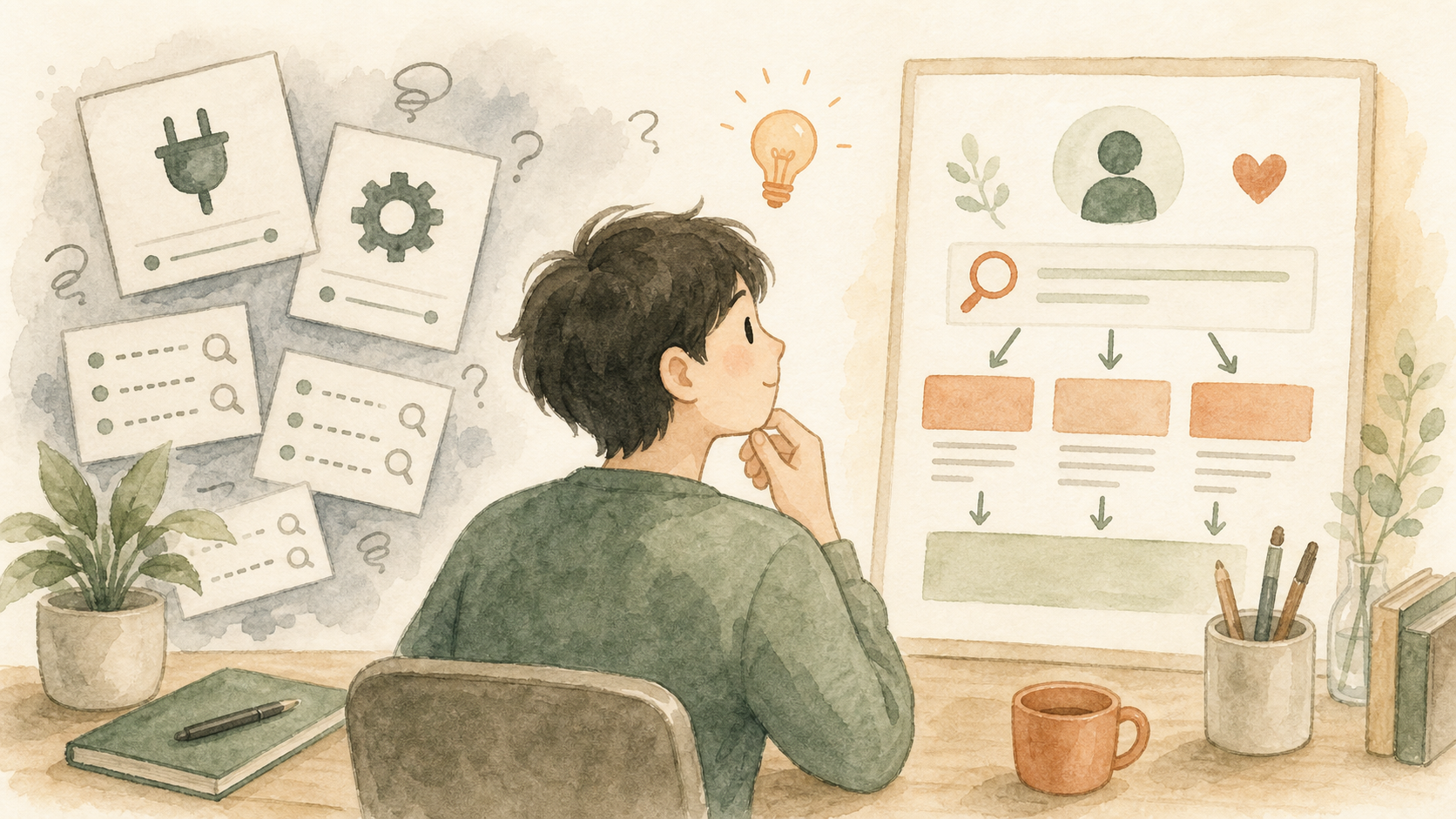 プラグインやキーワードだけを見ていた初心者が、記事設計の大切さに気づくイラスト