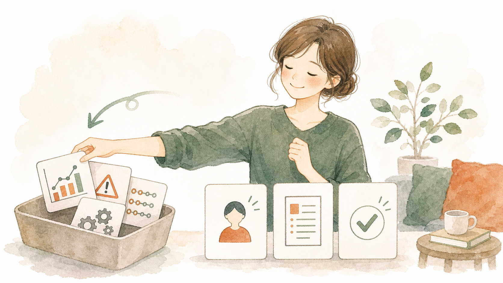難しいSEO作業のカードを横に置き、初心者が必要な対策だけに絞っているイラスト
