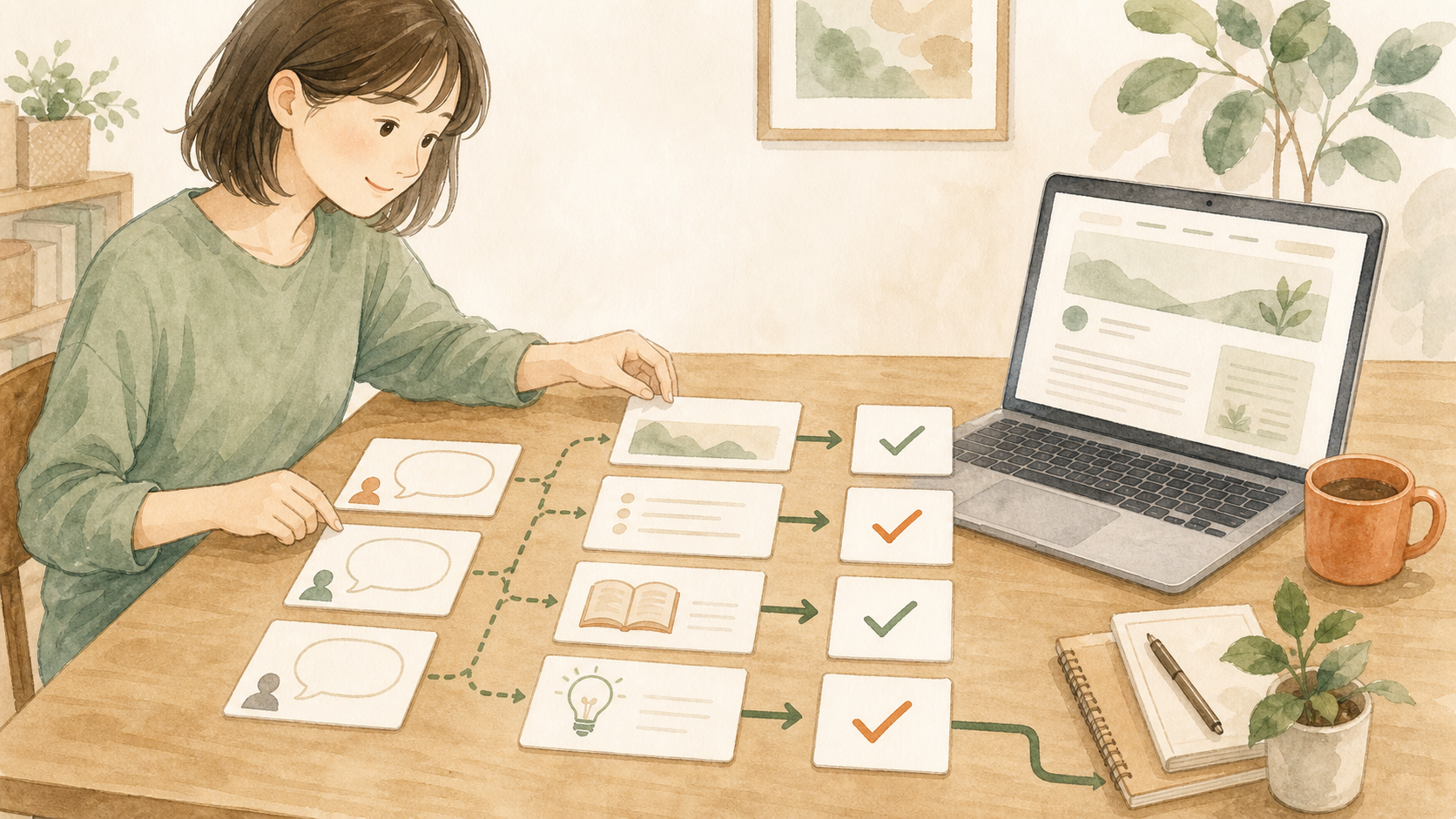読者の悩みカードとブログ記事を整理し、役に立つ記事へつなげているイラスト