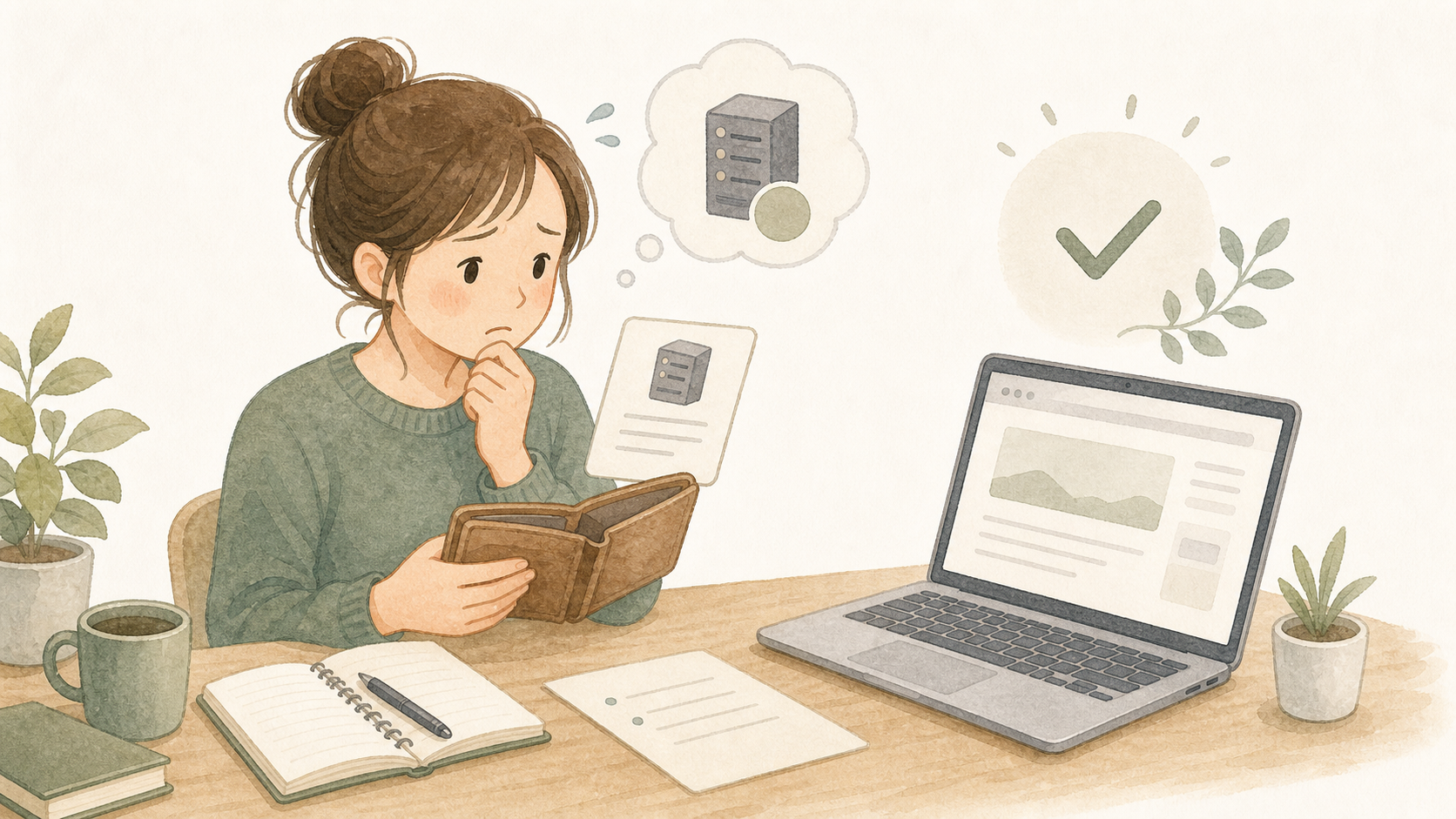 収益前の初心者が請求書と財布を見ながら、サーバー代への不安を感じているイラスト