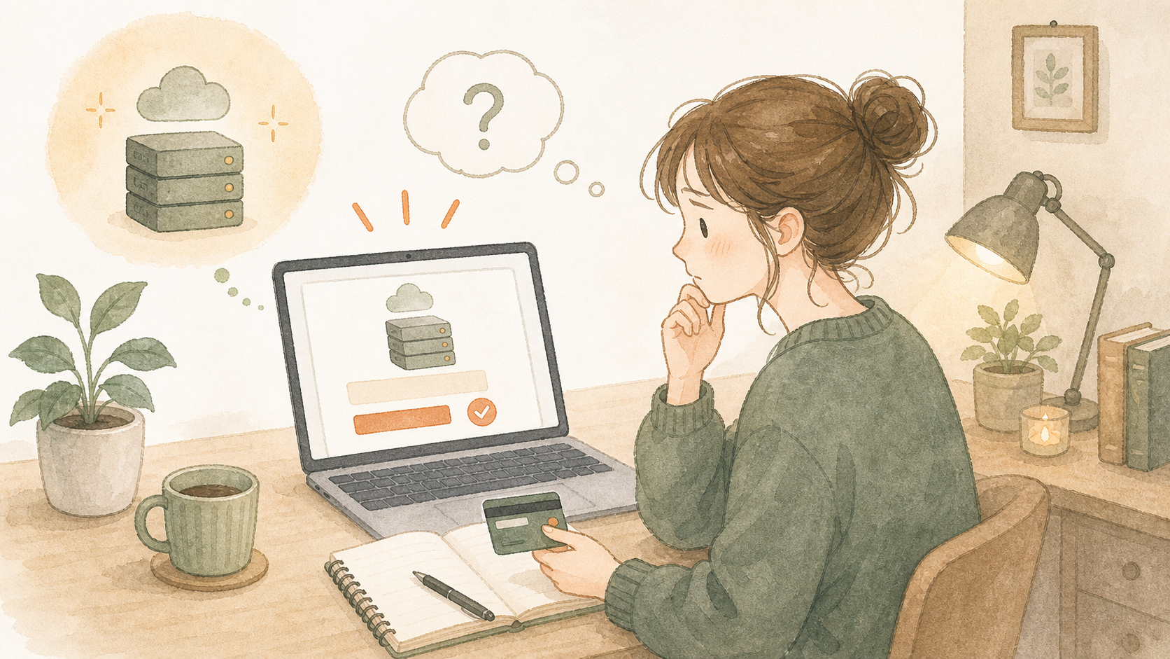 ブログ開始前にサーバー代の支払い画面を見て少し不安になる人のイラスト