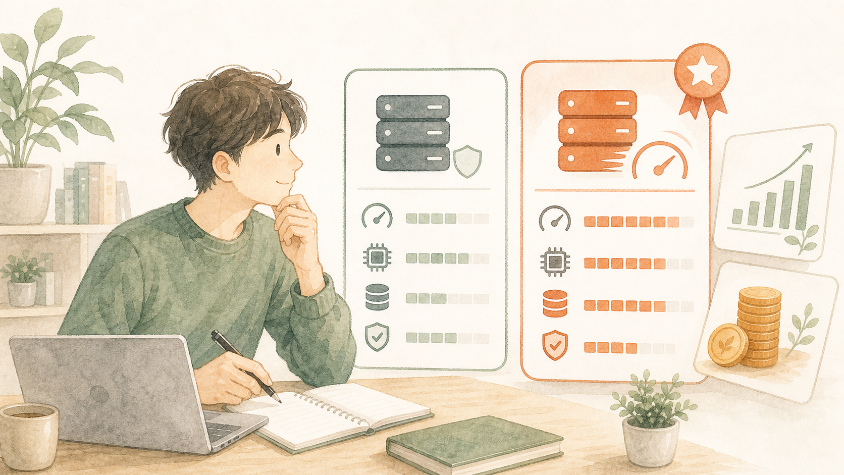 料金や性能のカードを見比べながら、コスパ重視でサーバーを選ぶ人を表したイラスト