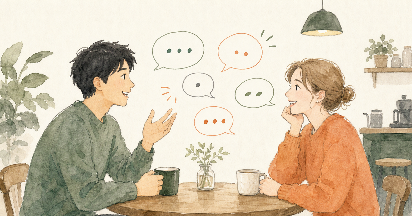 短い英語の吹き出しで、完璧を目指しすぎず会話しているイラスト