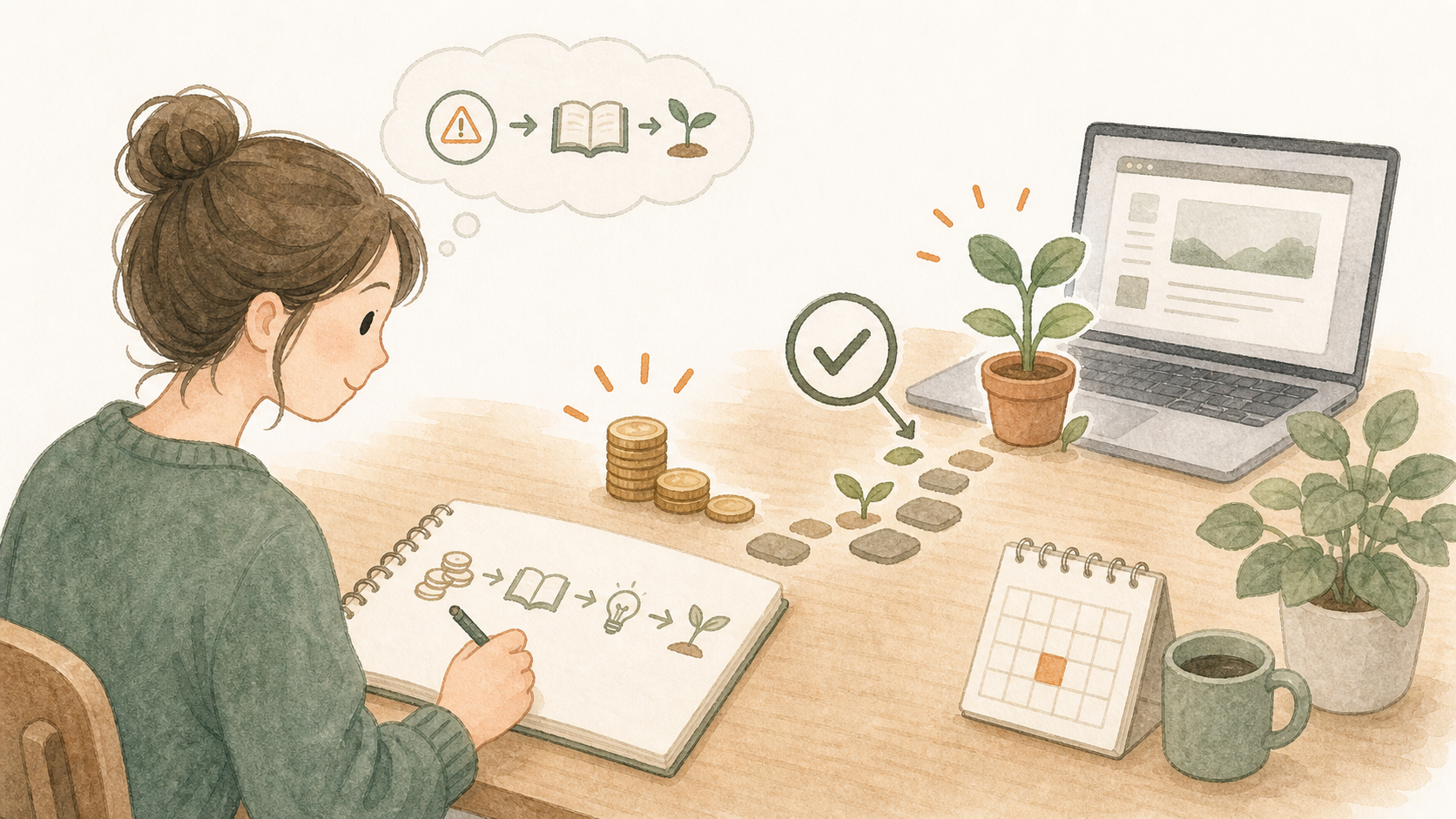 小さな投資額をノートに書き、失敗から学ぶ一歩として前向きに受け止めるイラスト