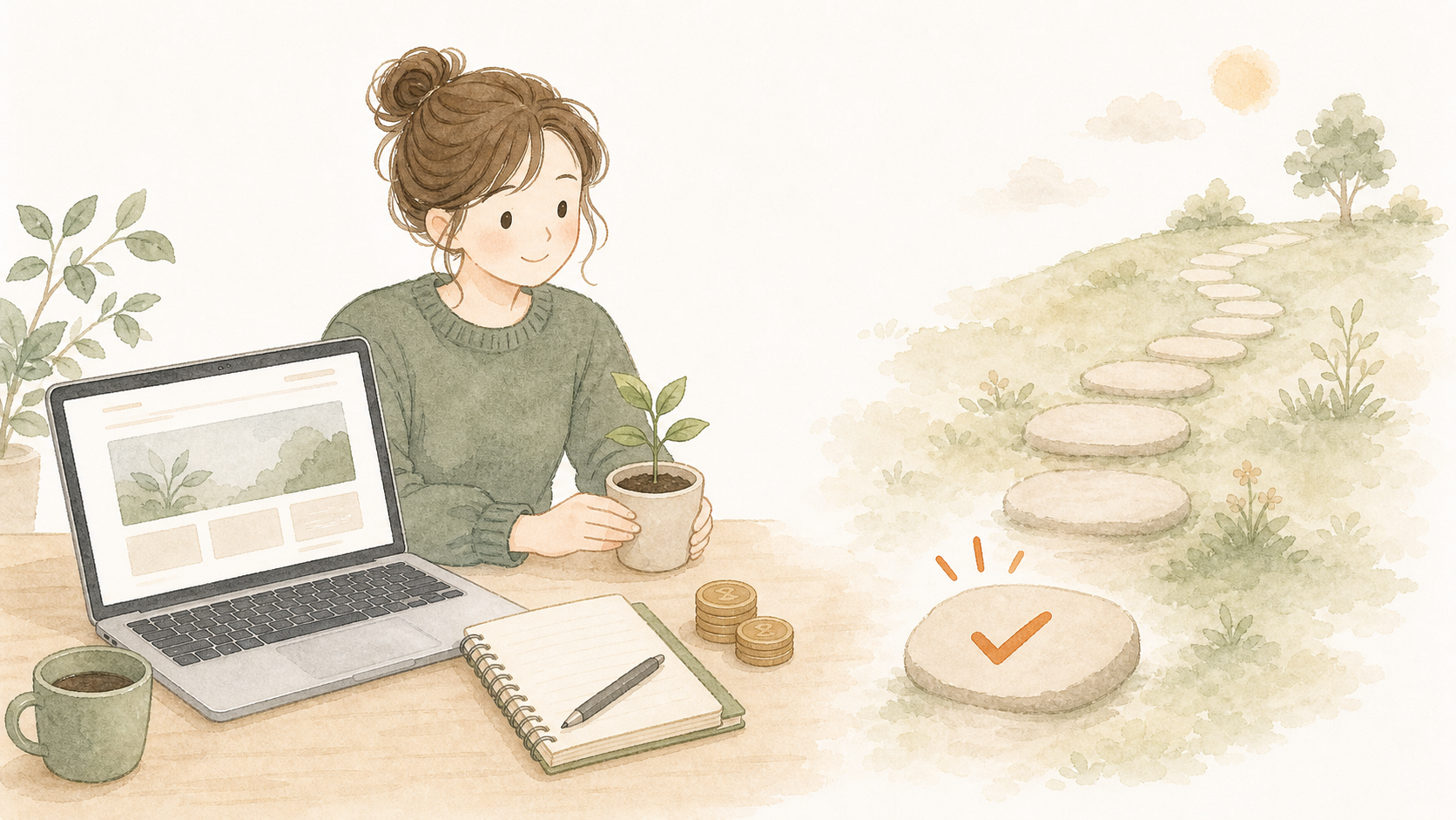 ノートとパソコンの横に小さな芽を置き、WordPressブログを一歩始めるイラスト