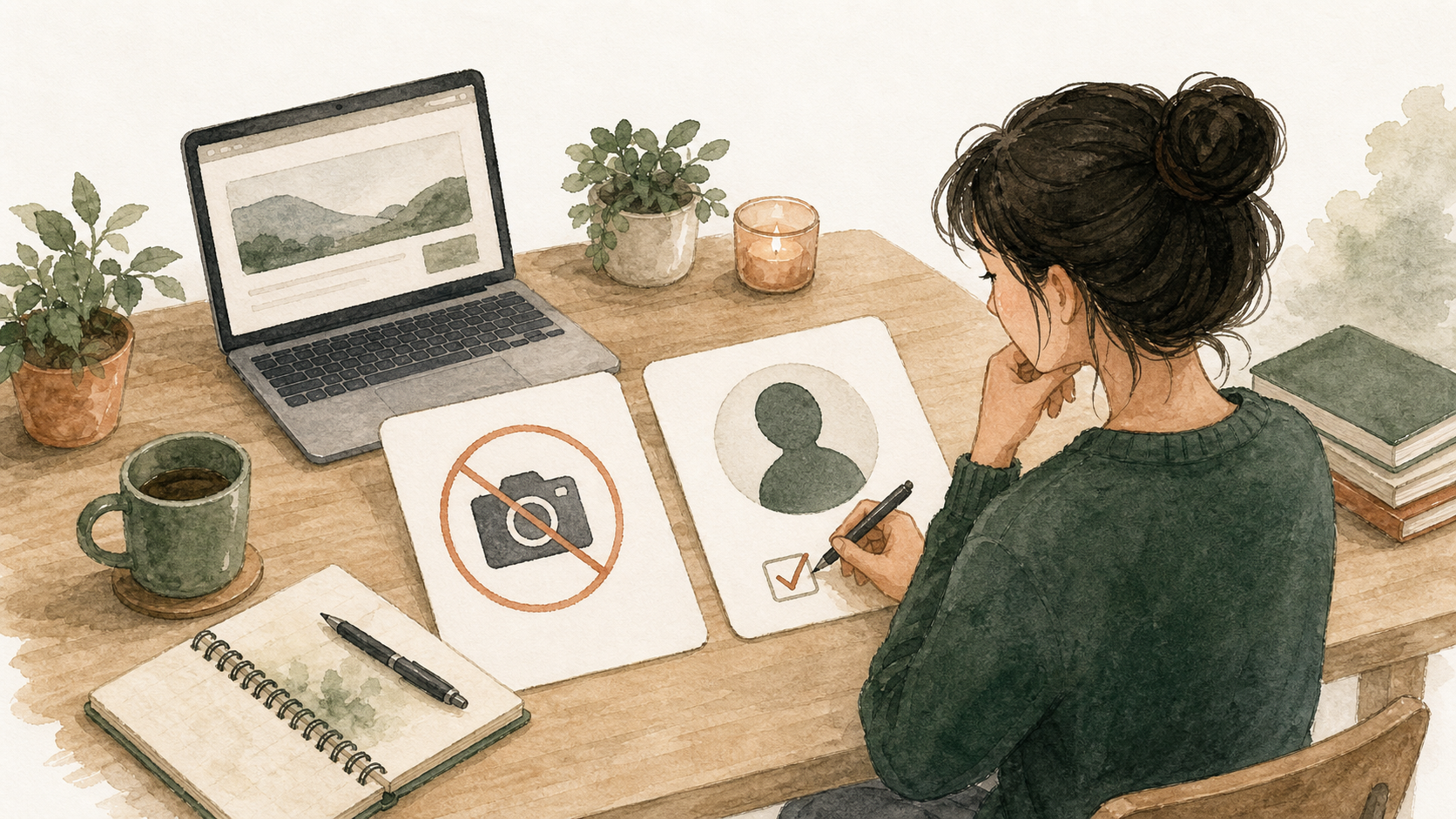 カメラを使わず匿名プロフィールを選び、顔出しなしでブログを始めようとしているイラスト