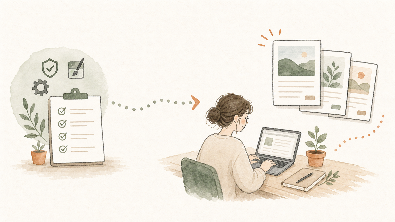 完了した設定チェックリストの横で、WordPressブログの記事を書き始める前向きなイラスト