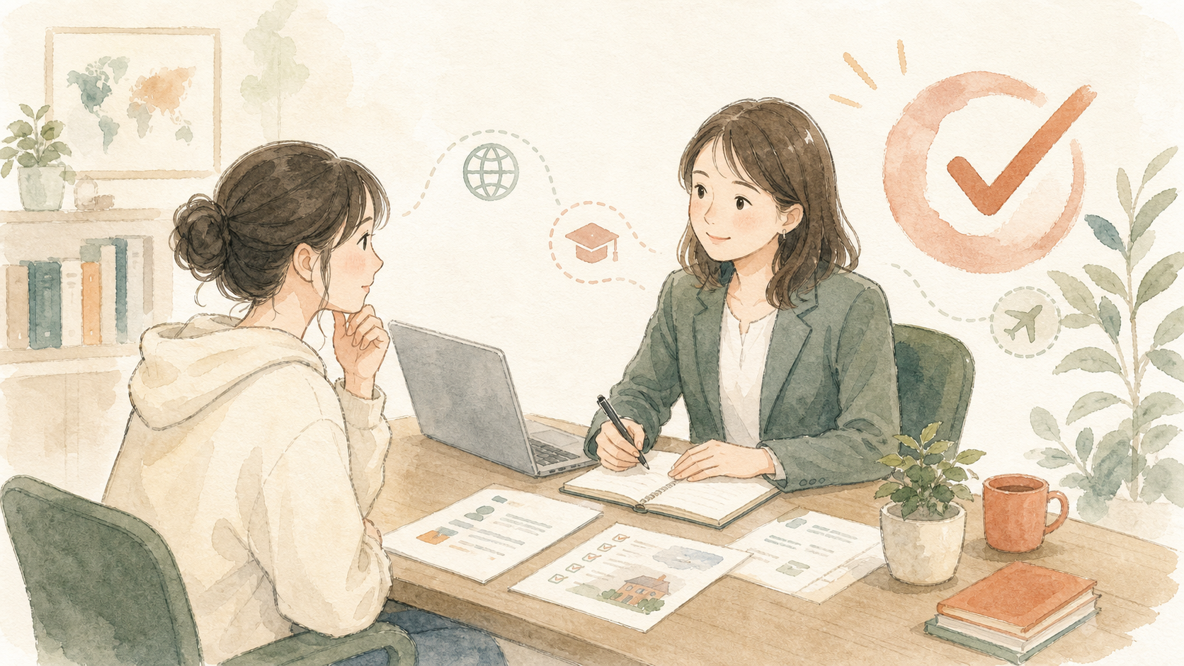 留学エージェントの担当者が、初めての留学を相談する人に丁寧に説明しているイラスト