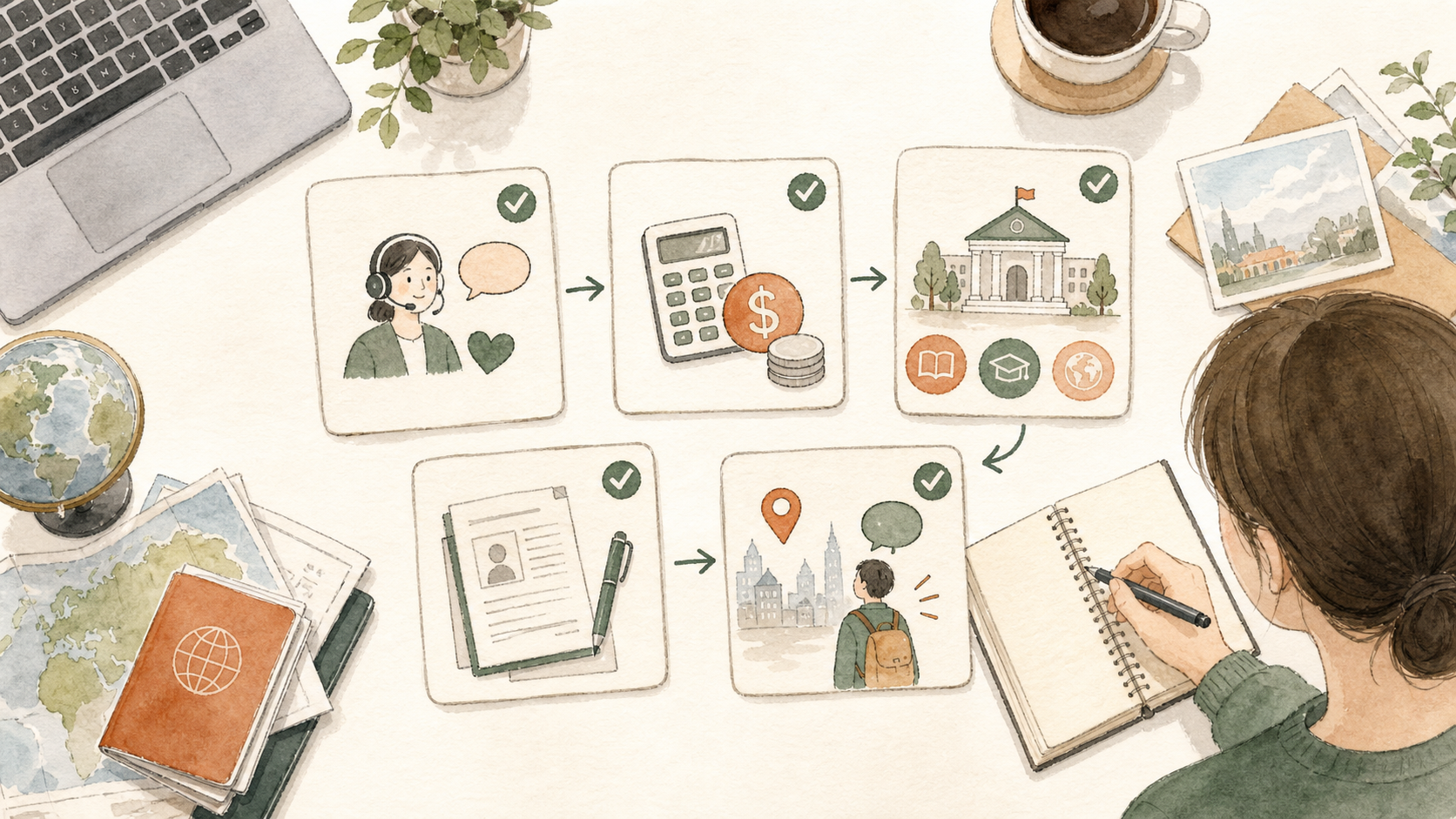 サポート内容や費用など、留学エージェント選びのポイントをチェックしているイラスト
