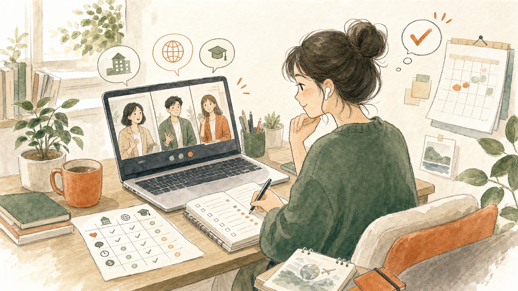 オンラインの無料相談を受けながら、留学エージェントの対応をメモしているイラスト