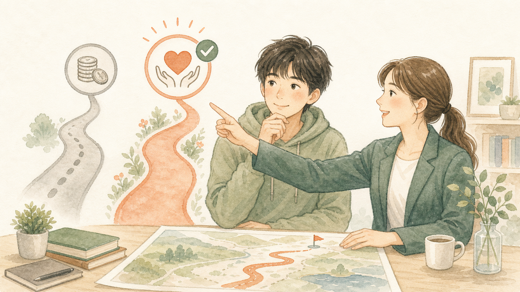 価格だけでなく、丁寧に相談できる留学エージェントを選ぼうとしているイラスト