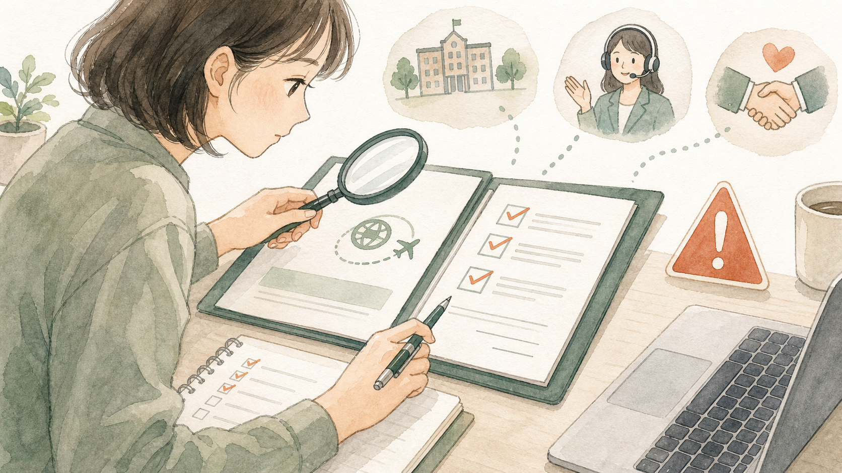 留学エージェントの契約書やサポート内容を、虫眼鏡で慎重に確認しているイラスト