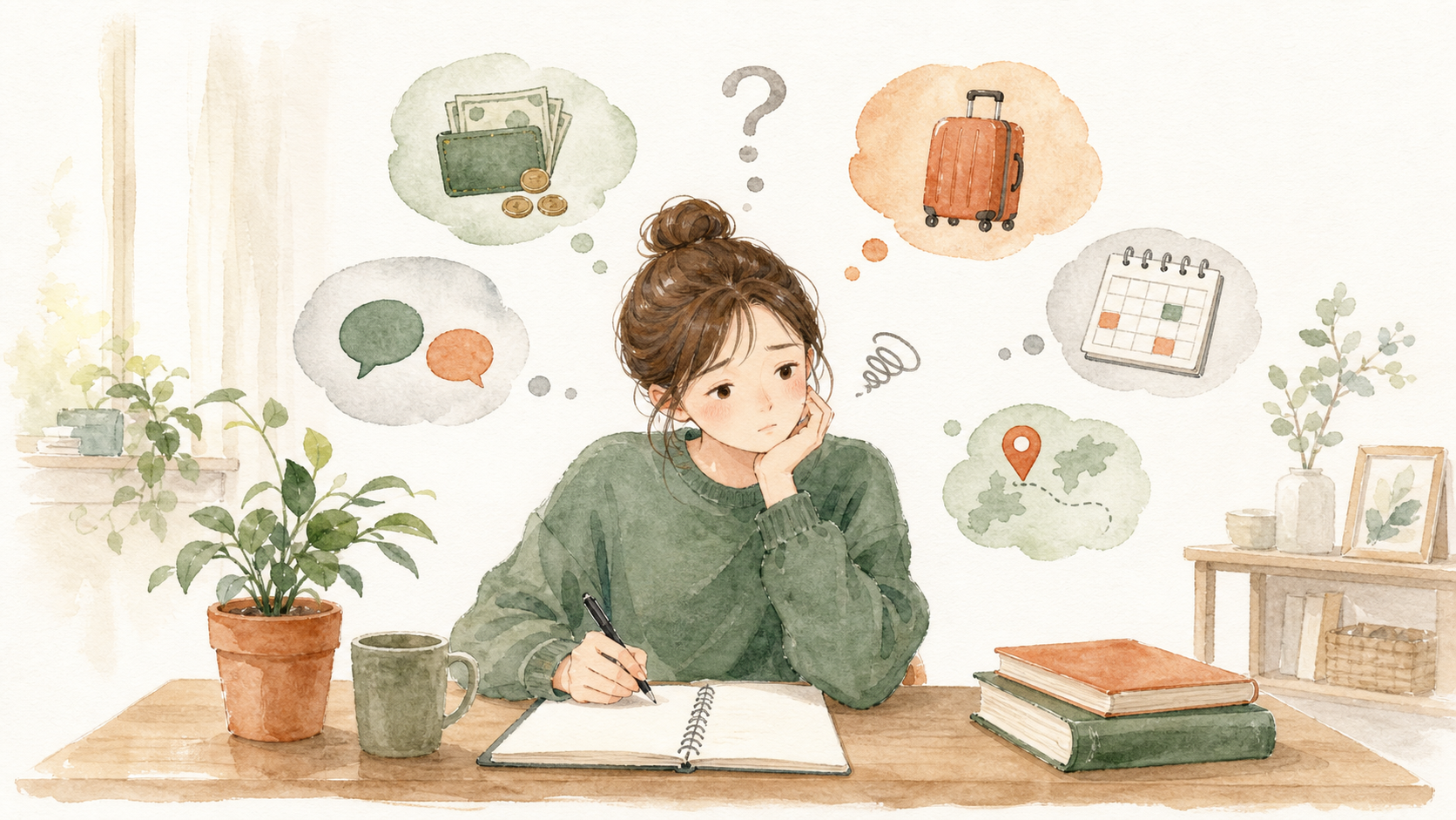 留学前に費用や英語力などの不安をノートの前で整理している人のイラスト