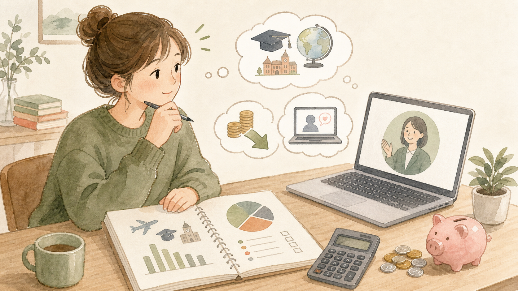 留学費用を電卓やノートで確認しながら、オンライン相談を検討しているイラスト