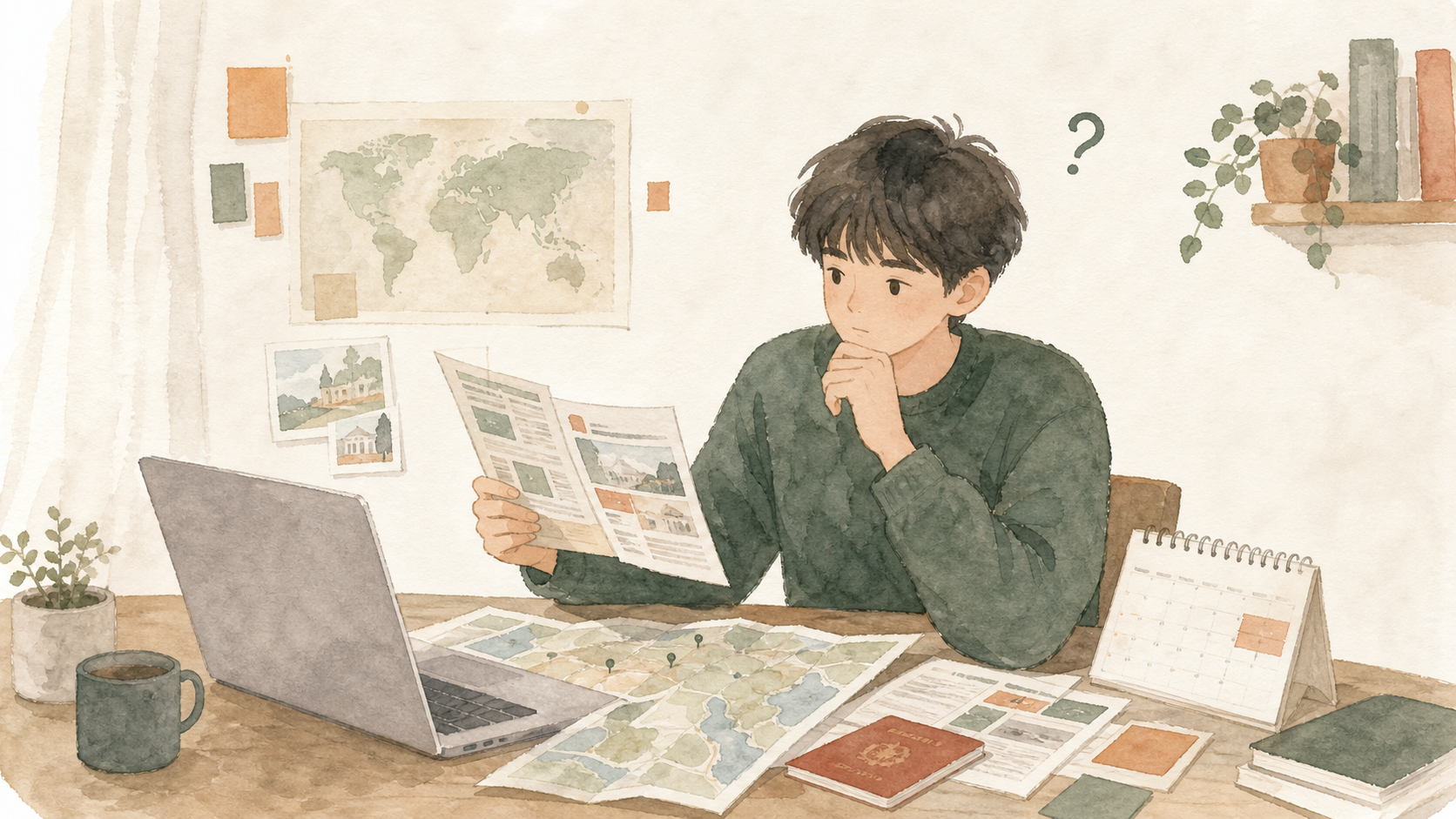 留学エージェントを使わずに、地図や書類を見ながら留学準備を進める人のイラスト