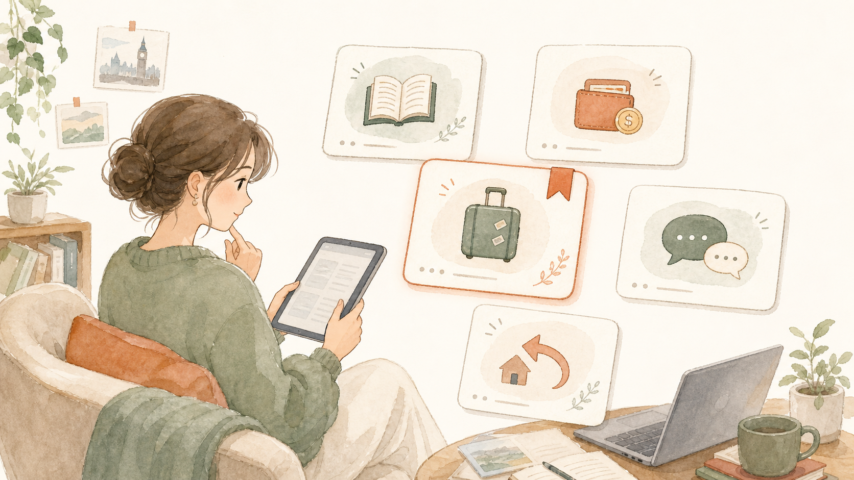 英語学習や費用など悩みに合わせて、タブレットで関連記事を選んでいるイラスト