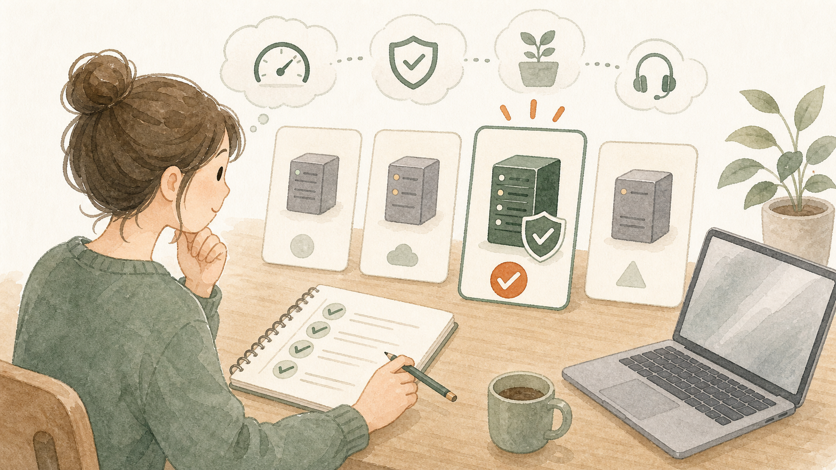 複数のサーバーカードを比べながら、初心者が安心して使える選択肢を選ぶイラスト