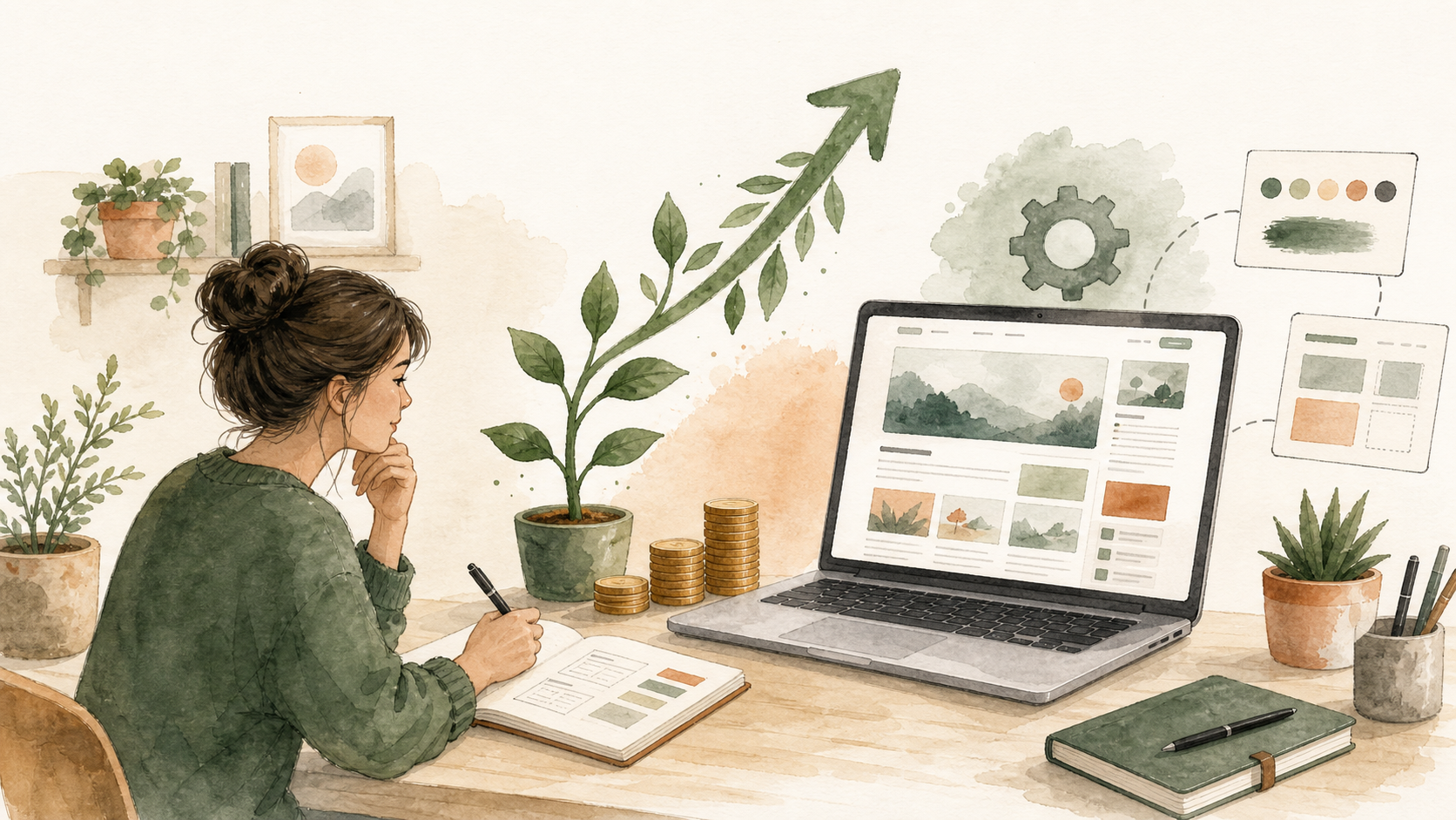 パソコン上のブログと伸びる植物、コインでWordPress収益化の成長を表すイラスト