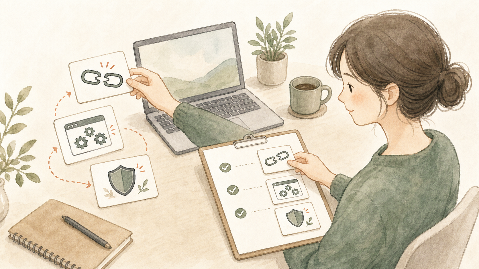 注意カードをチェックリストへ整理し、WordPress開設後のありがちな失敗を見直すイラスト
