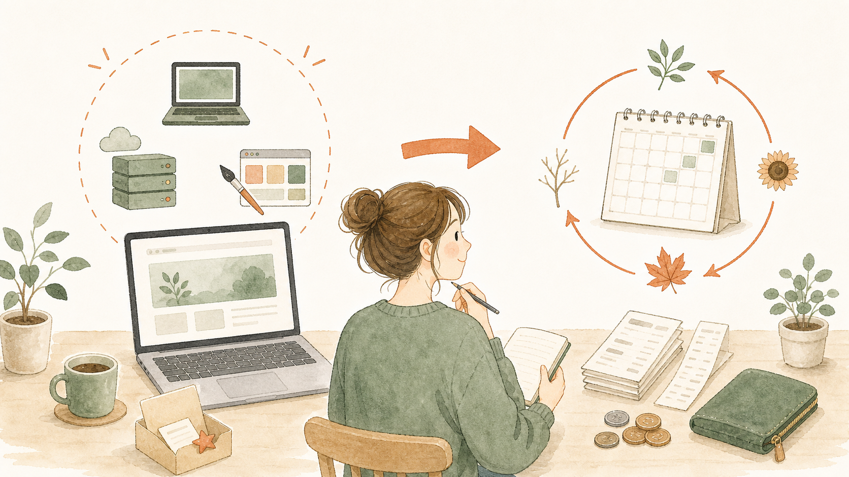 パソコンとカレンダー、領収書でWordPressブログの初期費用と年間費用を示すイラスト