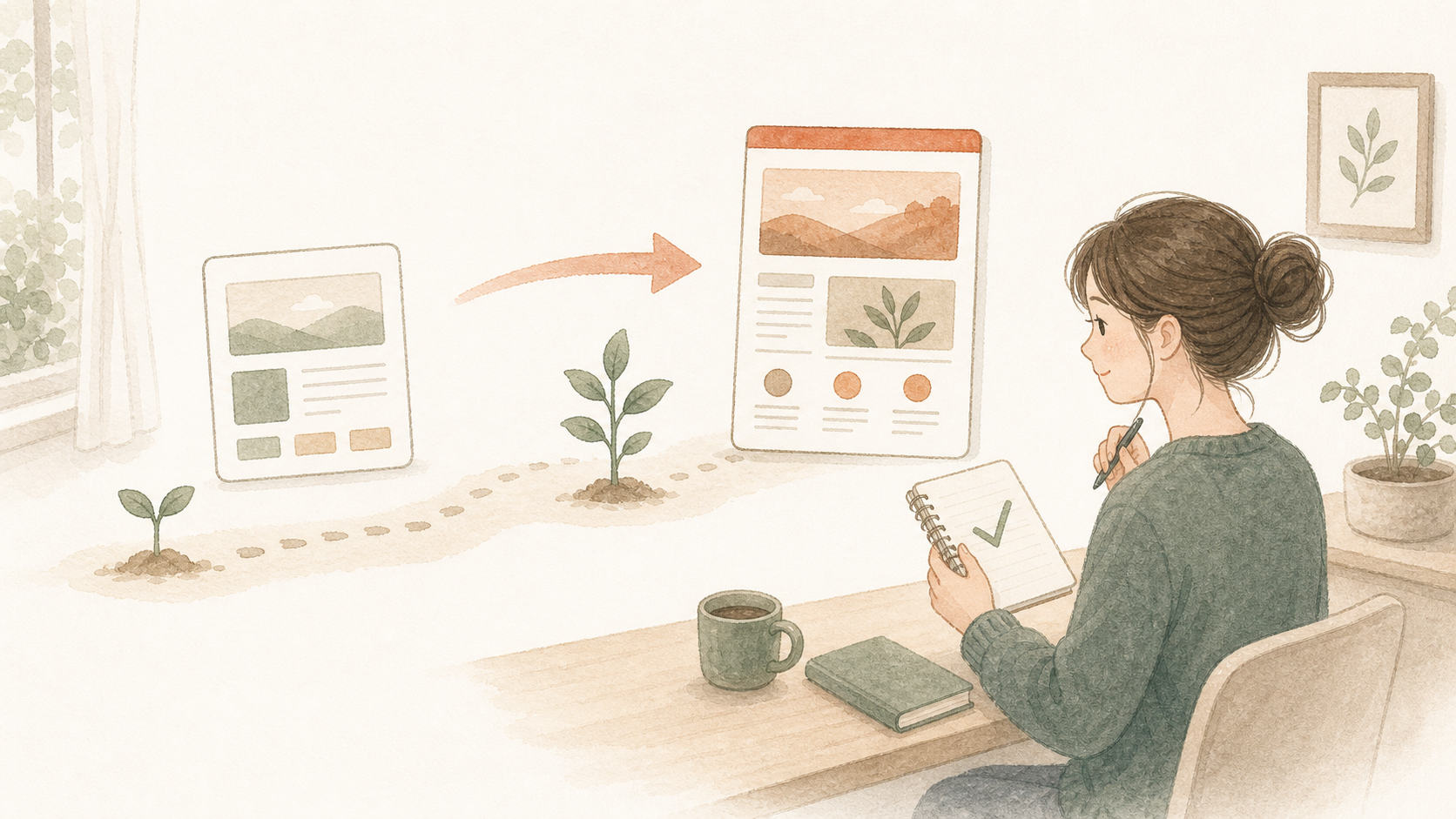 シンプルなテーマから必要に応じて整ったテーマへ進む流れを、植物と矢印で表すイラスト