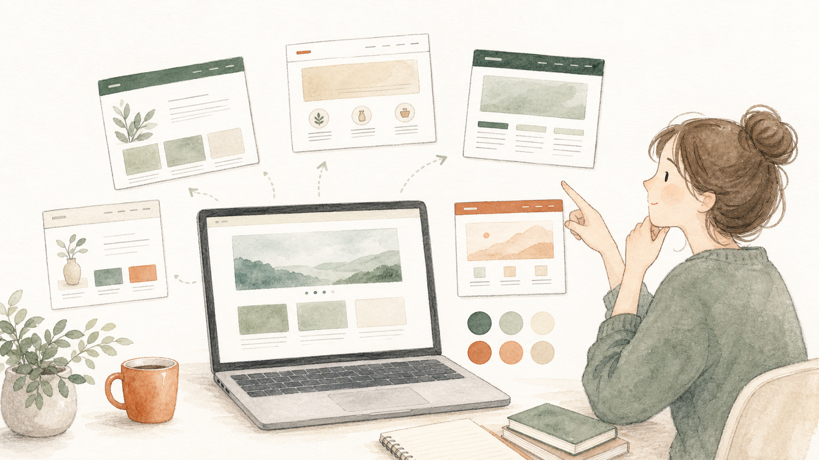 パソコンの周りに複数のデザインカードが並び、WordPressテーマの役割を説明するイラスト