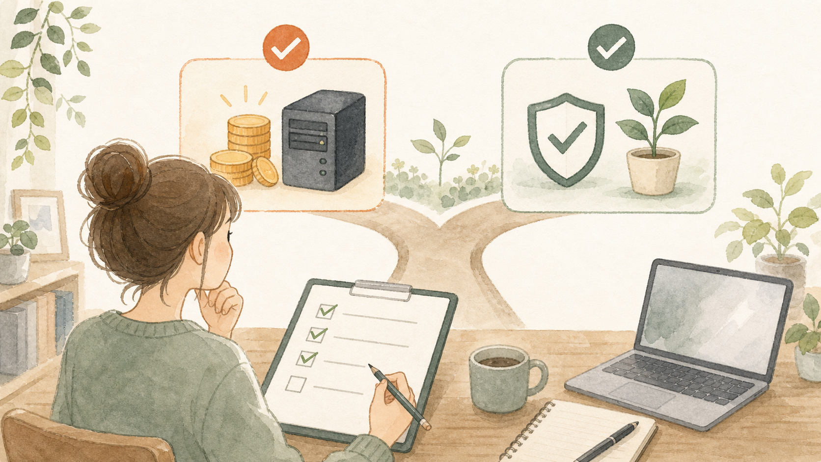 迷った人がチェックリストと分かれ道を見ながら、自分に合うサーバーを選ぶイラスト