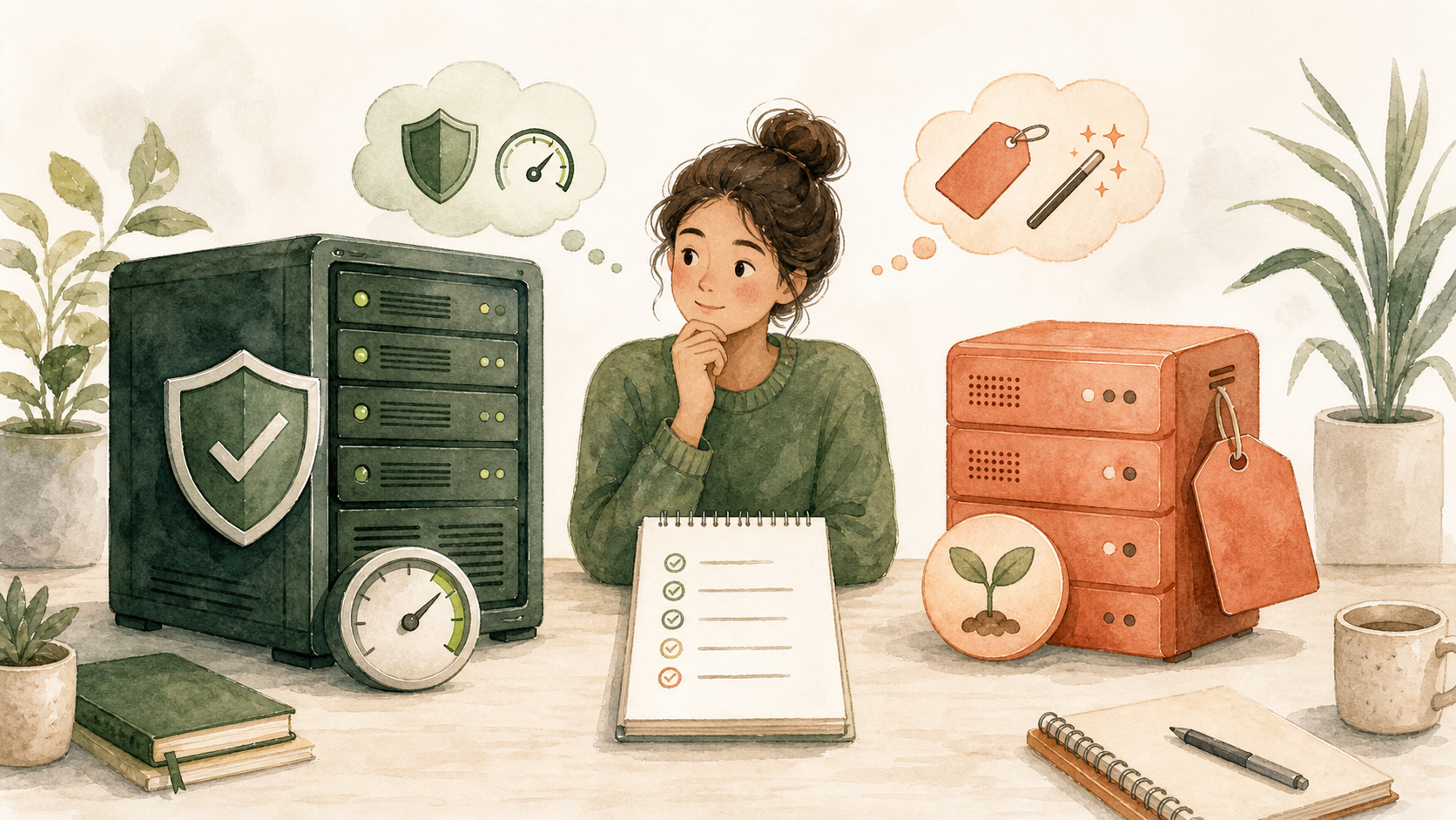 安定感のあるサーバーと手頃なサーバーを並べ、用途に合わせて比較しているイラスト