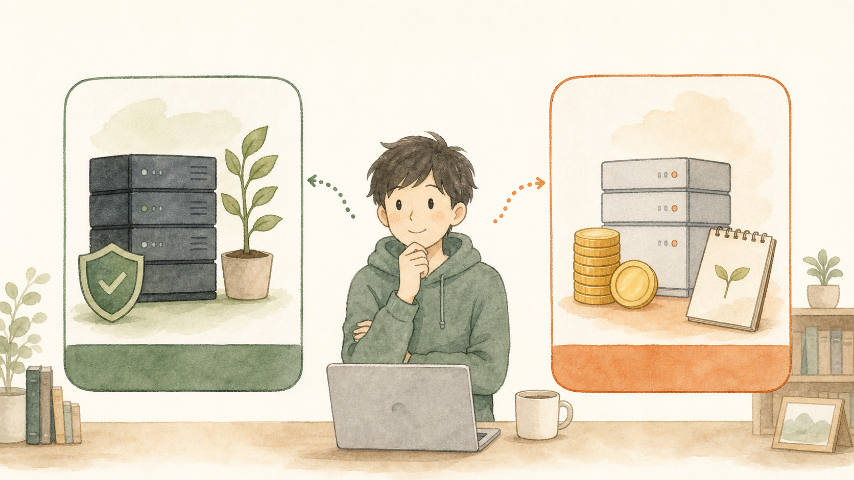 2つのサーバーカードを並べ、安さと安心感の違いをやさしく比較しているイラスト