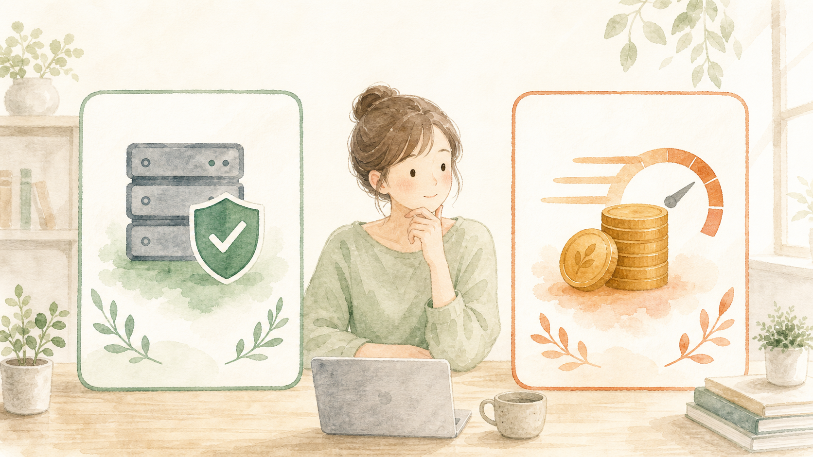 定番の安心感とコスパ重視の選択肢を、2つのサーバーカードで比較しているイラスト