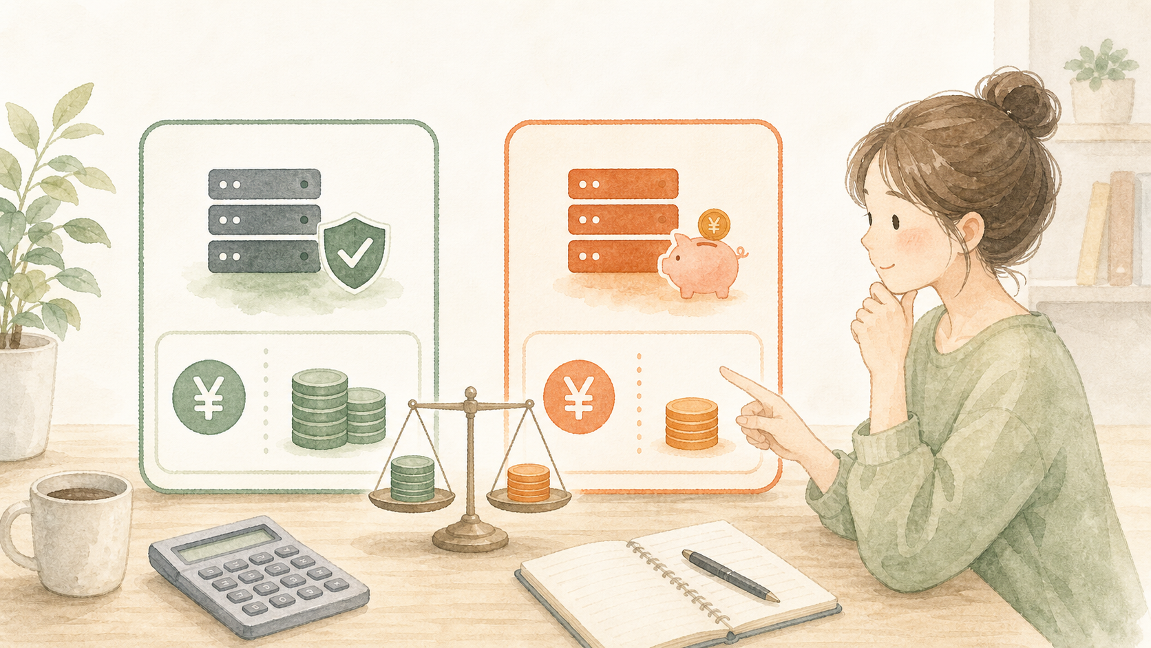 料金表とコインを見ながら、サーバー料金とコスパの違いを落ち着いて比べるイラスト