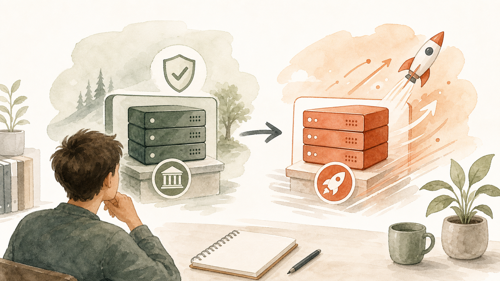 安定したサーバーと新しい高速サーバーの特徴を、矢印とカードで見比べるイラスト